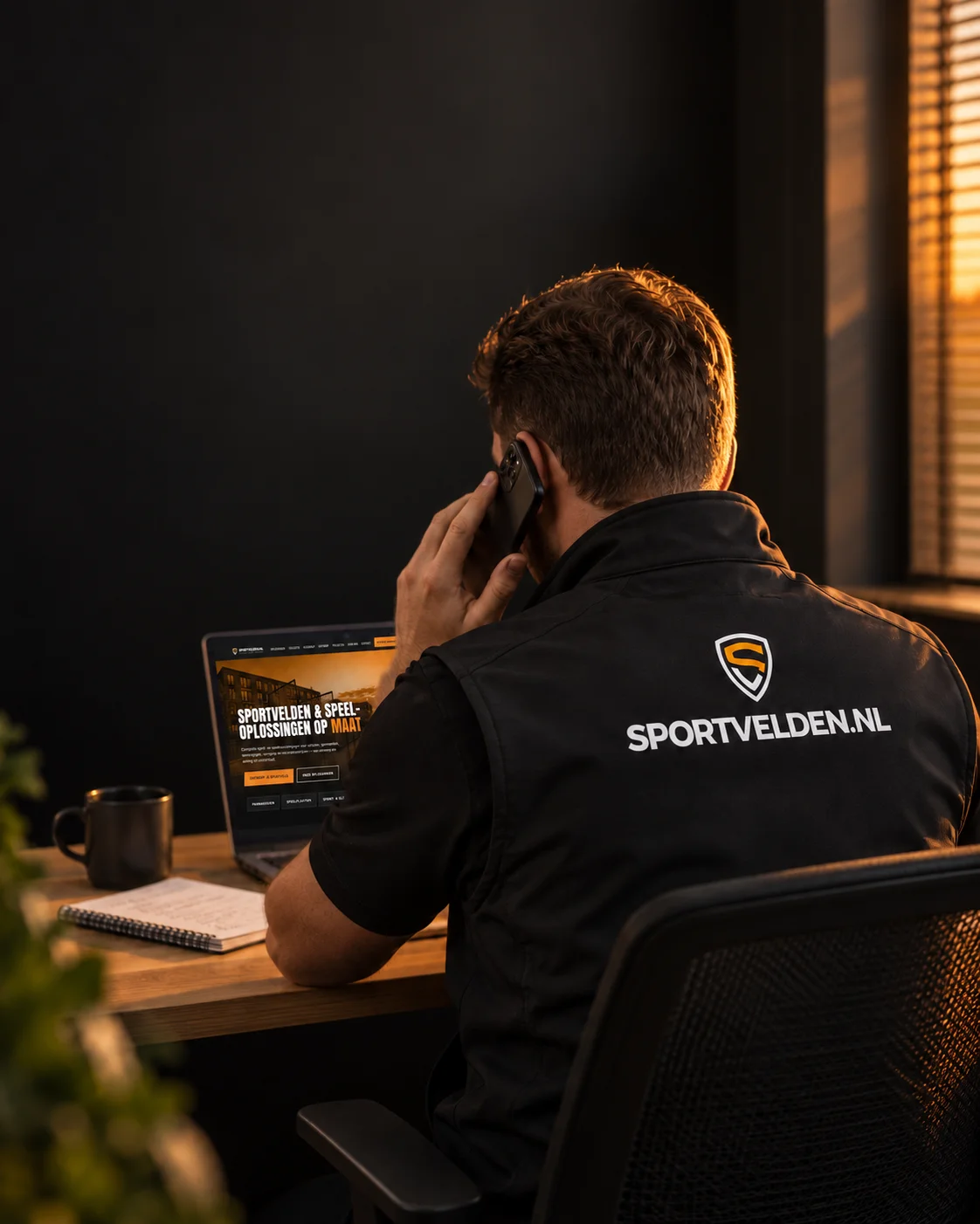 Medewerker van Sportvelden.nl in bedrijfspolo, telefonerend achter een laptop