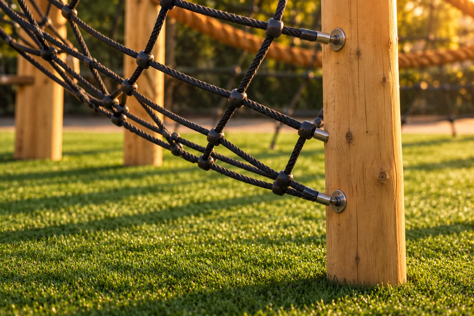 Touwnet met stalen bevestiging aan een houten paal op kunstgras