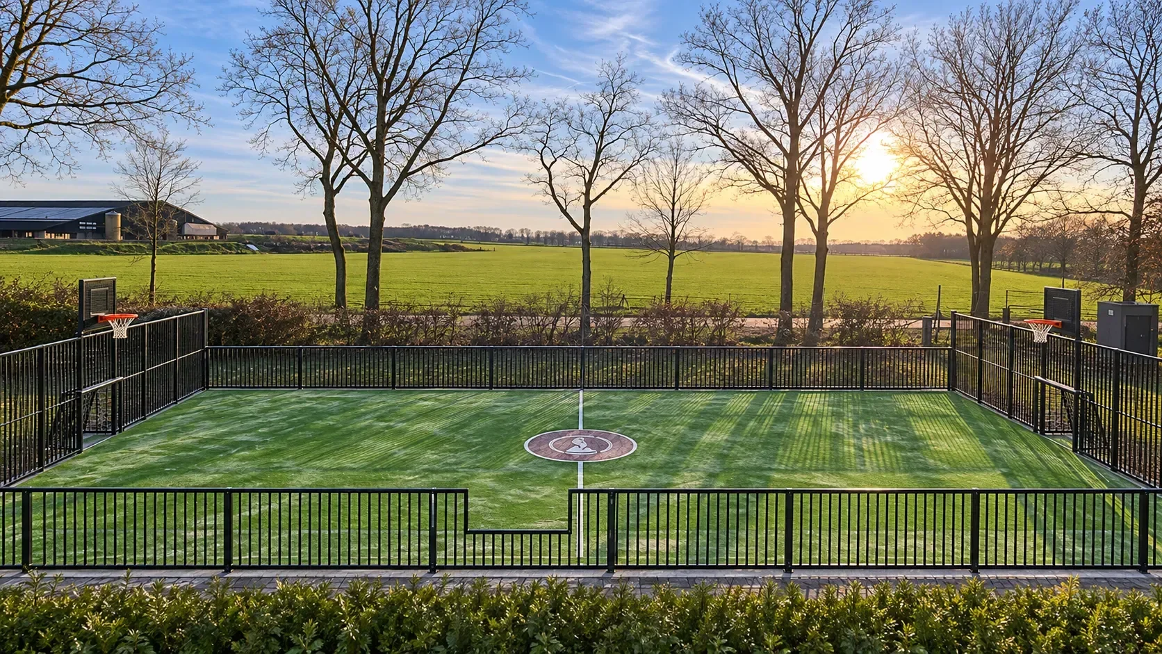 Pannakooi met kunstgras en basketbalborden op een camping