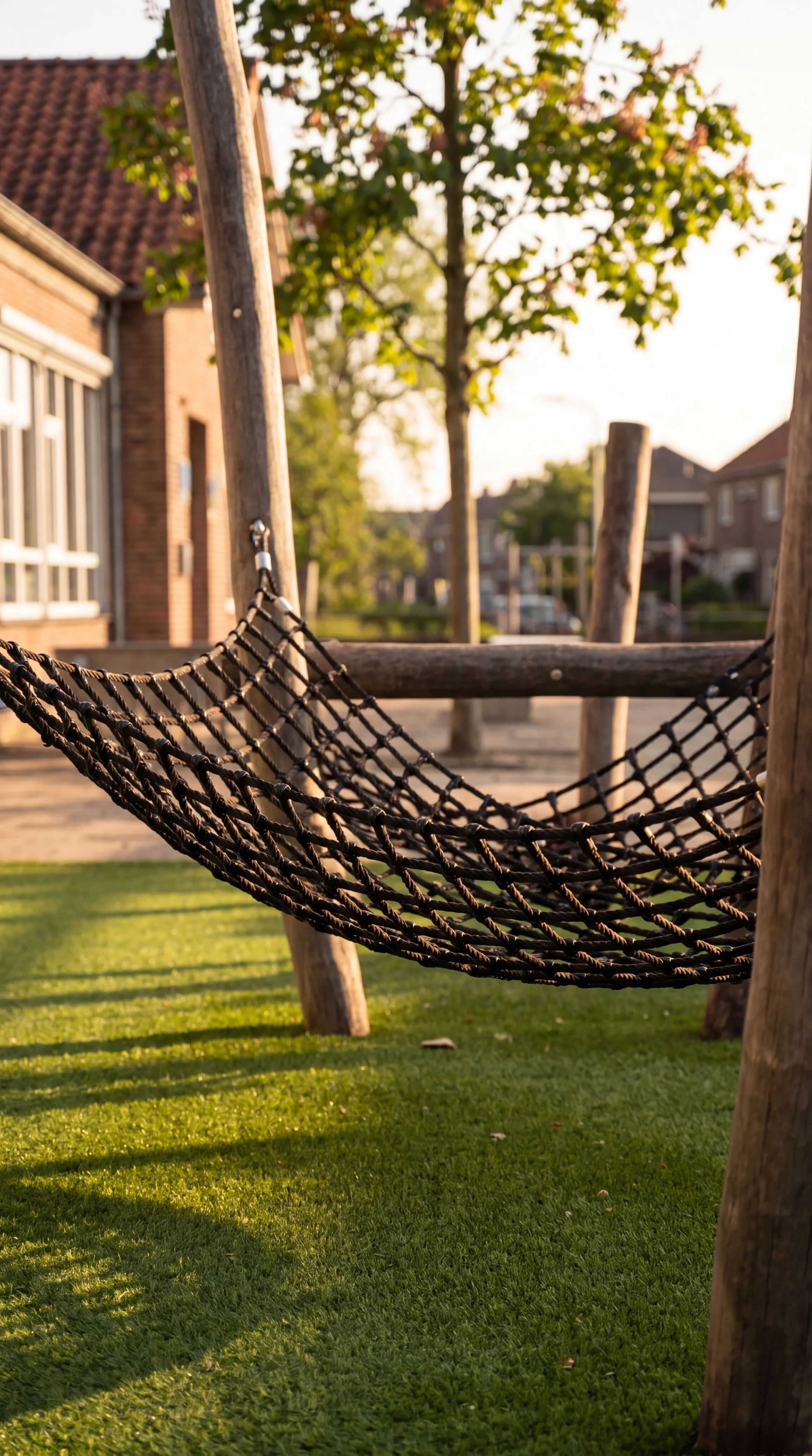 Touwnet-hangmat tussen houten palen op een kunstgras schoolplein