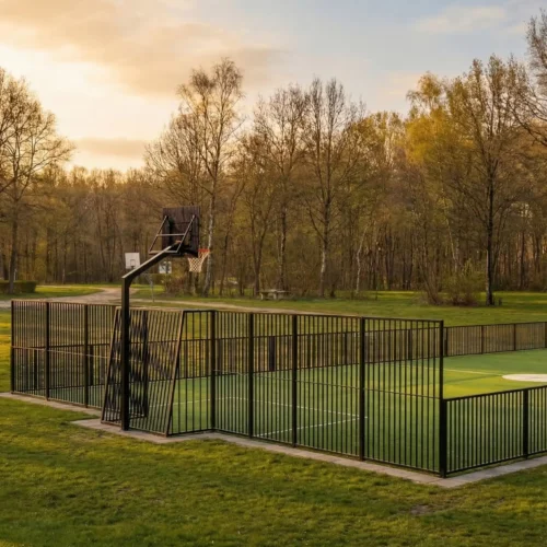 Pannakooi en basketbalveld in groene buitenruimte voor scholen en recreatie