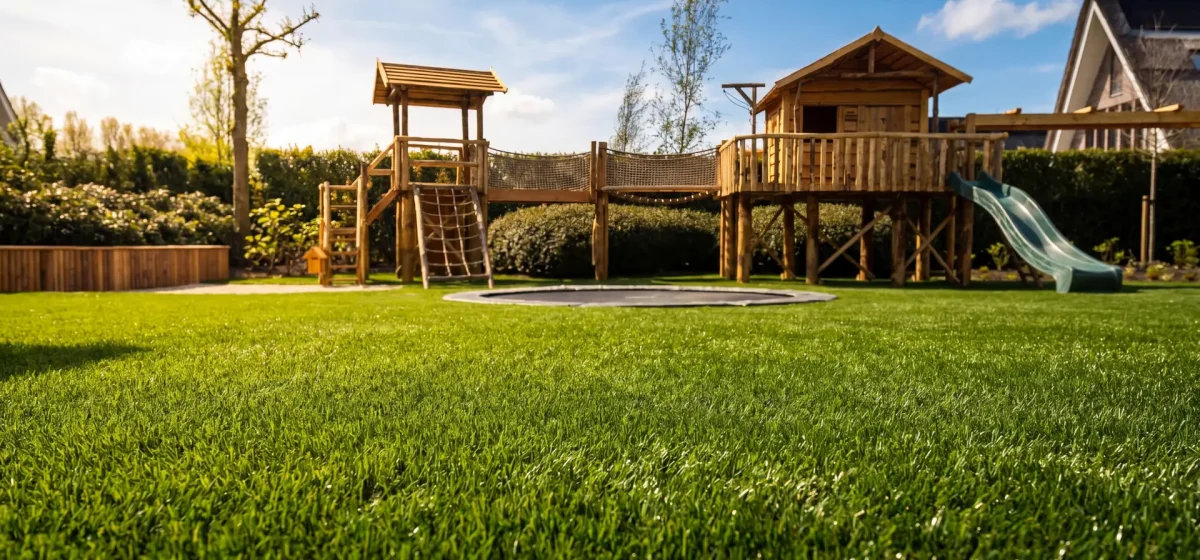 Kunstgras speelplaats met houten speeltoestellen in buitenruimte